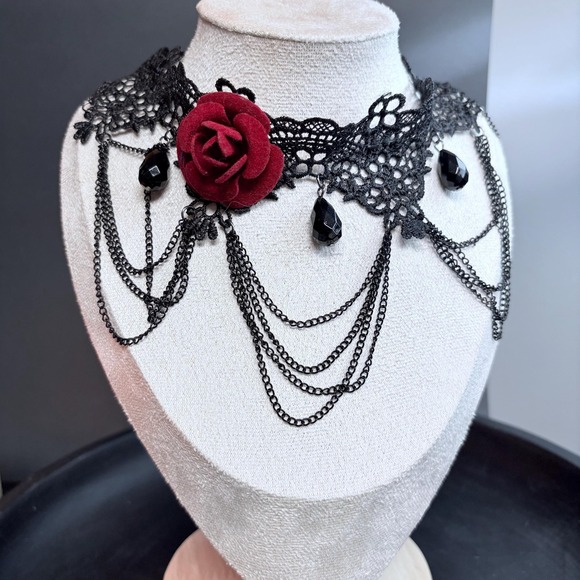 Jewelry - Black Lace Choker Necklace with Red Rose | Gothic Chain | Dark Romance Victorian